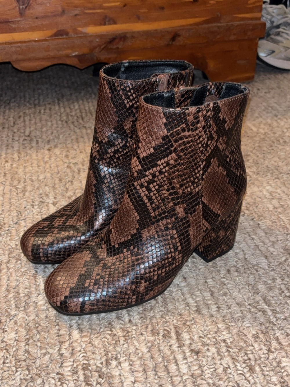 Women’s Brown Snake-Print Block Heel Ankle Boots